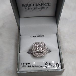 NIB Brilliance Fine Jewelry 10K Gold 1 CTTW Genuine Diamond Halo Ring Sz 7